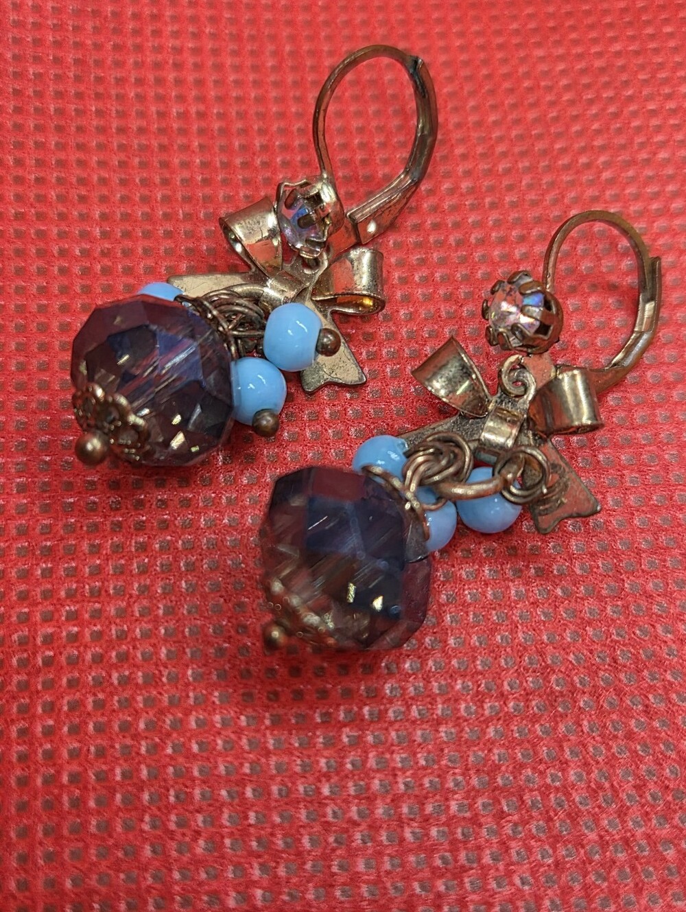 BETSEY johnson Vintage-Style Blue Bead Drop Earrings with Bronze Bow Accents